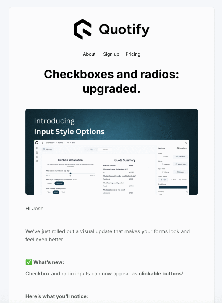 One of our newsletter emails sent via Mailerlite