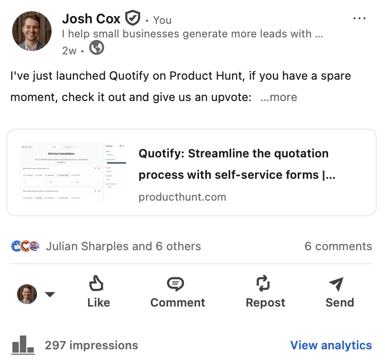 Posting about Quotify on LinkedIn