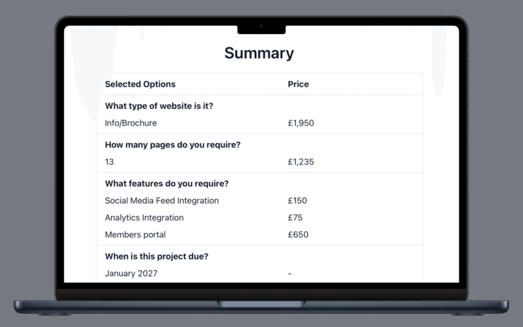 Pricing Summary mocked up on a macbook