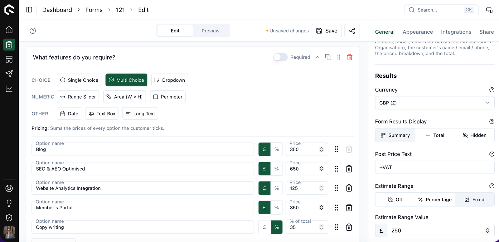 The £ / % toggle on a pricing option in the Quotify builder, set to a percentage